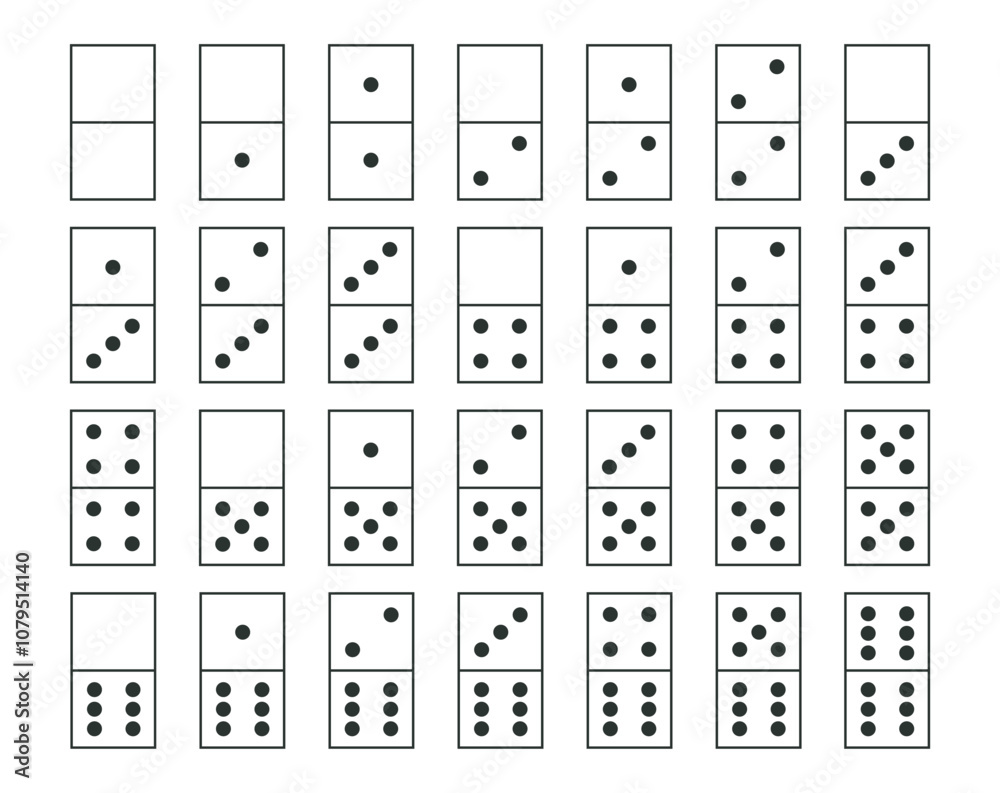 Dominos icons set. Black and white dices with dots. Game for luck and fortune. Entertainment, fun and leisure. Game and toy. Linear vector collection isolated on white background Dominos icons set. Black and white dices with dots. Game for luck and fortune. Entertainment, fun and leisure. Game and toy. Linear vector collection isolated on white background