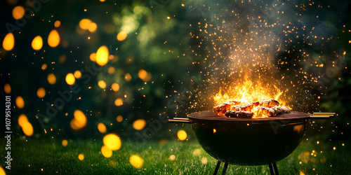 Outdoor Grill Fire with Flying Sparks on Grass