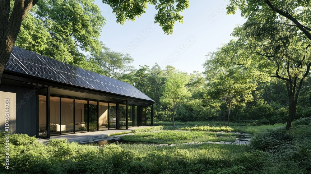 Modern house surrounded by lush greenery and sunlight Modern house surrounded by lush greenery and sunlight