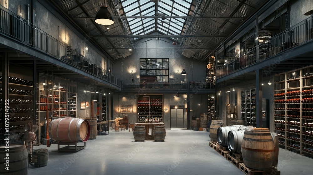 Modern Wine Cellar Interior with Barrels and Bottles