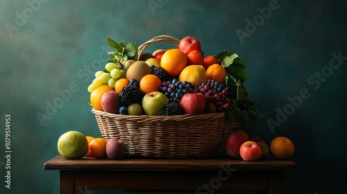 A vibrant basket filled with various fresh fruits, showcasing a rich assortment of colors and textures.