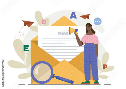 Woman with email newsletter. Young girl with loudspeaker and magnifying glass near open envelope. Person with electronic mail. Marketing and internet promotion. Flat vector illustration
