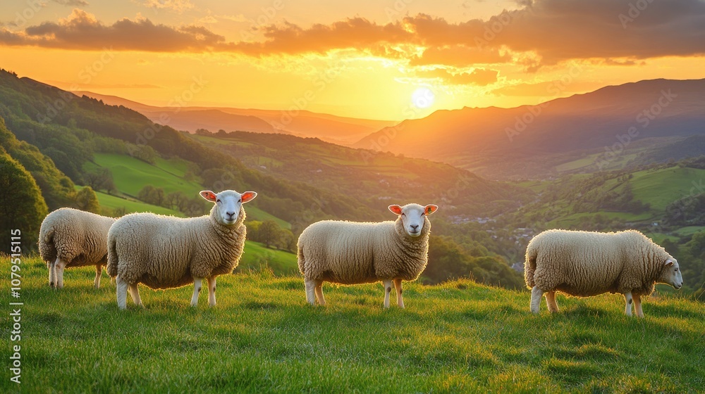 Fototapeta premium Serene Sheep Near Sunset in Rolling Hills