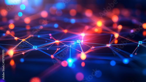 complex digital network with glowing nodes and connections, showcasing vibrant colors and intricate patterns. image evokes sense of technology and innovation