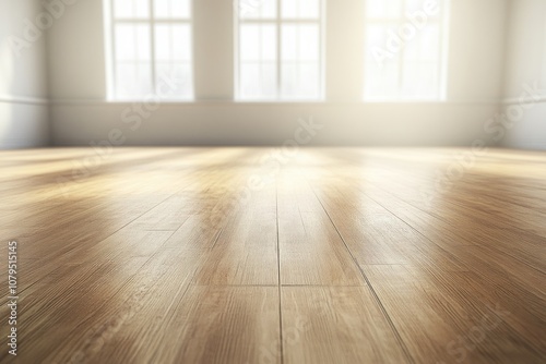 A sunlit wooden floor in a spacious room with large windows.