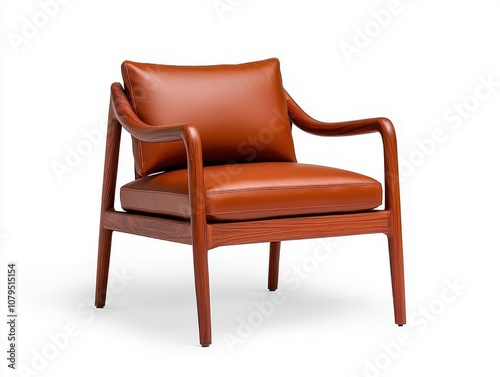 Furniture padauk wood design. A mid-century modern chair featuring a warm brown leather seat and a sturdy wooden frame, perfect for stylish and comfortable interior decor.