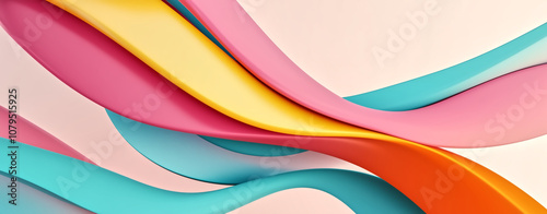 abstract composition featuring flowing waves of pink, yellow, and blue colors, creating vibrant and dynamic visual experience. smooth curves evoke sense of movement and energy