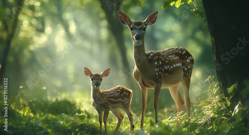 mother deer and her fawn in the forest, standing side by side on lush green grass under trees. The background is blurred to emphasize them, with sunlight photo