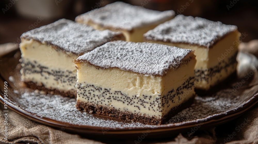 Delicious layered dessert with poppy seeds and cream Delicious layered dessert with poppy seeds and cream