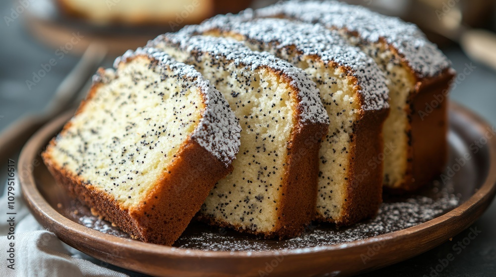 Freshly Baked Poppy Seed Cake Slices on Wooden Plate Freshly Baked Poppy Seed Cake Slices on Wooden Plate