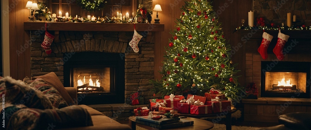Cozy Christmas Fireplace: A warm and inviting Christmas living room scene with a crackling fireplace, a beautifully decorated tree, and presents piled high. Cozy Christmas Fireplace: A warm and inviting Christmas living room scene with a crackling fireplace, a beautifully decorated tree, and presents piled high.