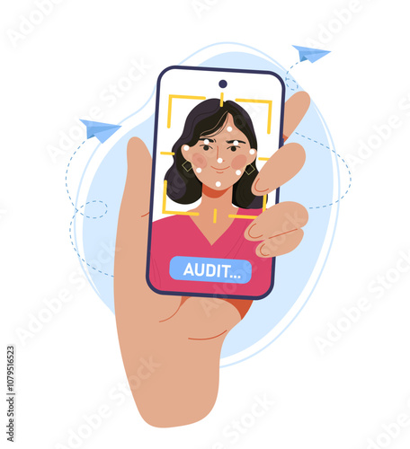 Face recognition system. Woman logs into her phone account using biometric data. Protection of personal data. Authorization and identity verification. Face ID system. Flat vector illustration
