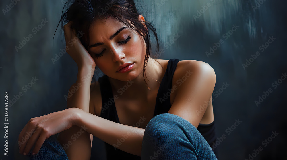 Woman Seated Cross Legged on Floor With Pensive Expression Woman Seated Cross Legged on Floor With Pensive Expression