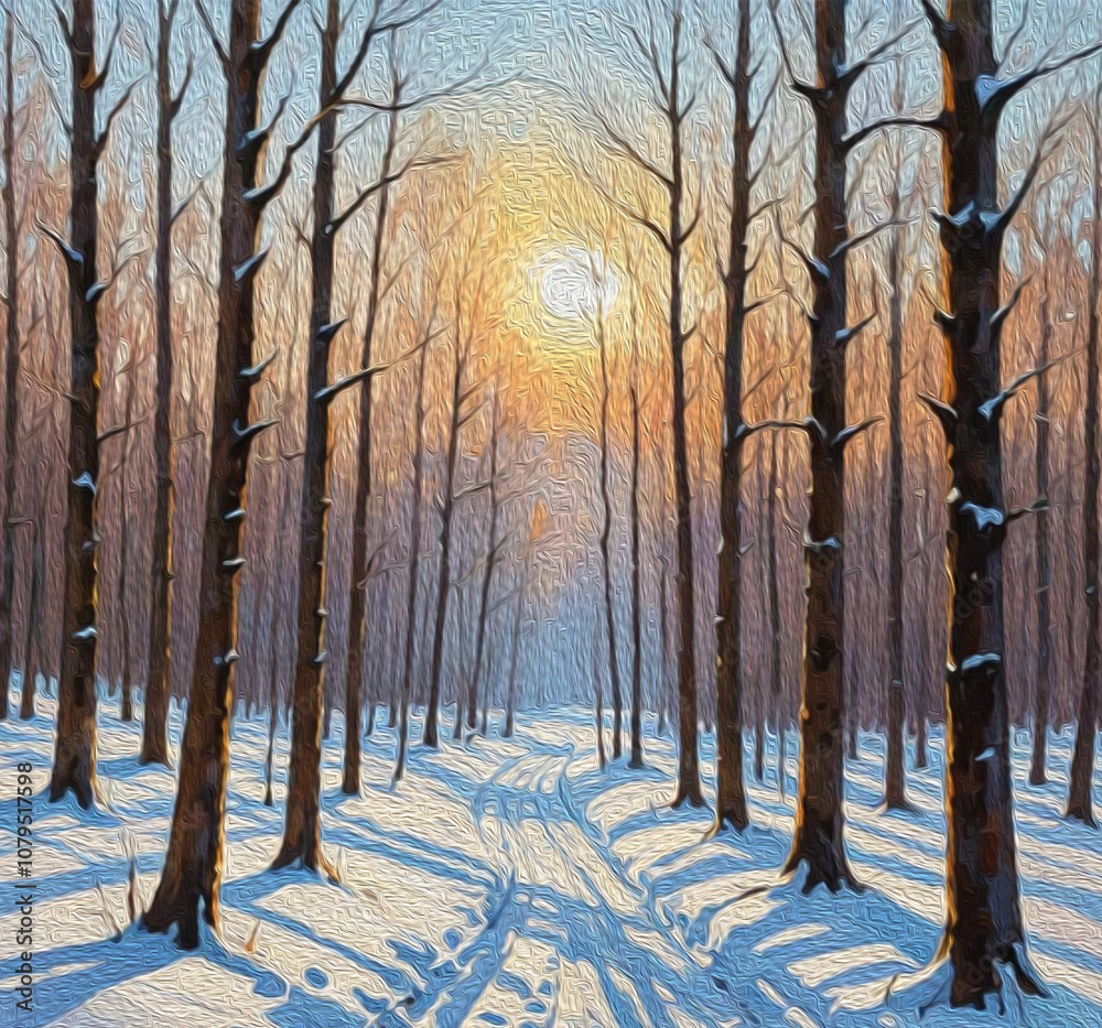 Winter landscape. Pattern for printing on wall decorations . Oil Painting. Winter landscape. Pattern for printing on wall decorations . Oil Painting.