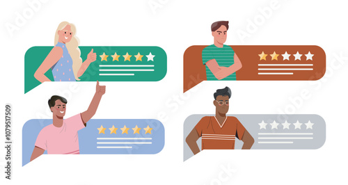 Feedback speech bubble set. Comments from men and women on social networks. Ranking and rating. Opinions of satisfied and dissatisfied users. Flat vector collection isolated on white background