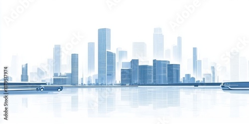 A minimalist city skyline with modern buildings and vehicles, conveying a futuristic vibe.