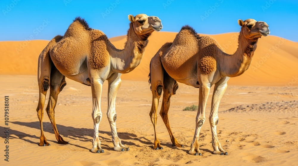 Camels in Desert Landscape Under Bright Blue Sky Camels in Desert Landscape Under Bright Blue Sky