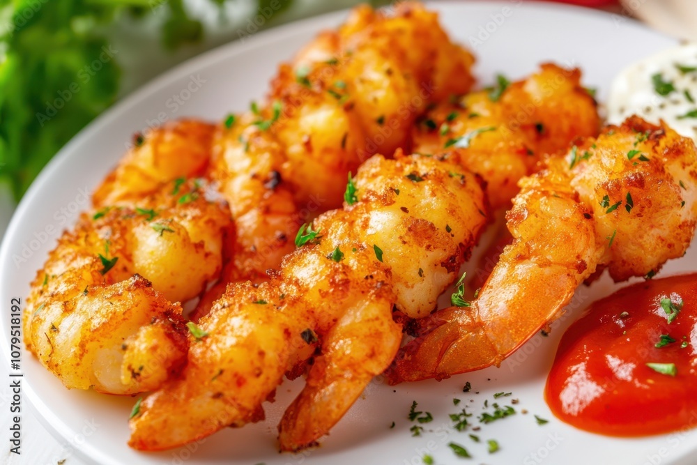 Crispy fried shrimp with dipping sauces on a white plate. Crispy fried shrimp with dipping sauces on a white plate.