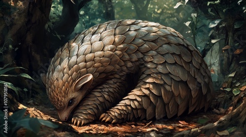 A pangolin curled up in a defensive position in a lush green forest, showcasing its distinctive armor-like scales.