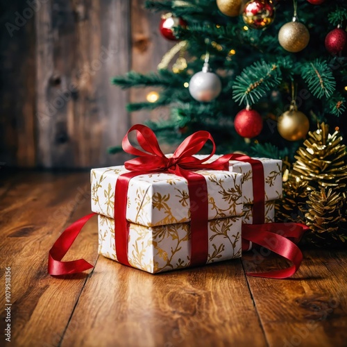 Stacked Christmas Gifts with Red Ribbons photo