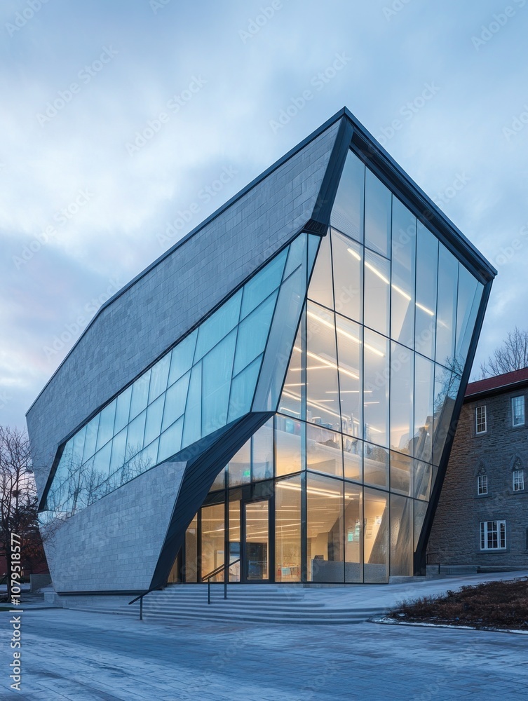 Modern architectural building with large glass windows and unique angular design. Modern architectural building with large glass windows and unique angular design.