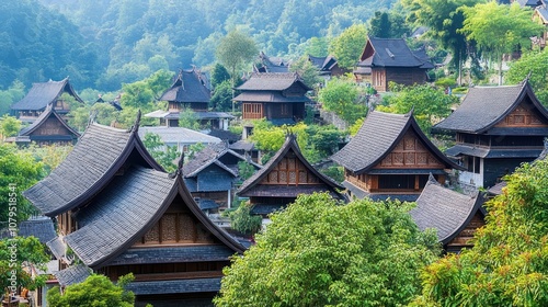 A scenic view of traditional wooden houses nestled among lush greenery in a mountainous area.