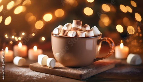 Mug of hot chocolate or cocoa with marshmallow Christmas lights New Year beverage concept