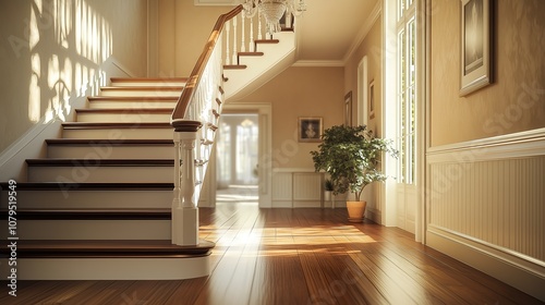 Elegant staircase with warm sunlight streaming through large windows, casting soft shadows on wooden floors and white walls.