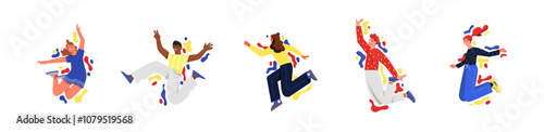 Happy people set. Cheerful men and women jump and dance. Positive emotions and optimism. Energetic young people. Fun and entertainment. Flat vector collection isolated on white background