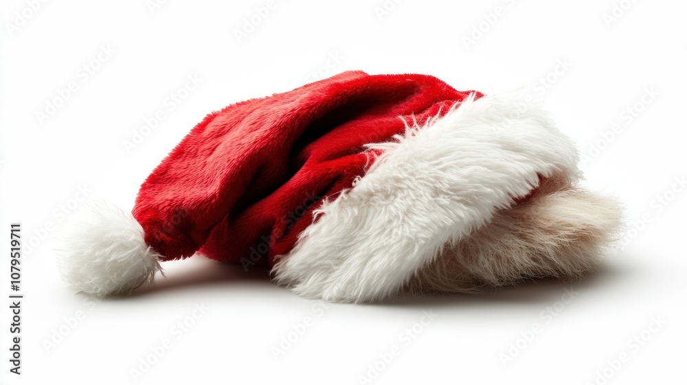 Santa hat with fluffy white trim on white background, symbolizing holiday cheer and festivity. Santa hat with fluffy white trim on white background, symbolizing holiday cheer and festivity.