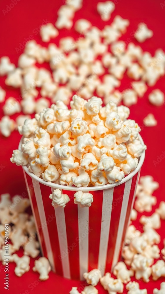 Popcorn kernels overflowing from a classic red and white striped bucket, food, crunchy Popcorn kernels overflowing from a classic red and white striped bucket, food, crunchy
