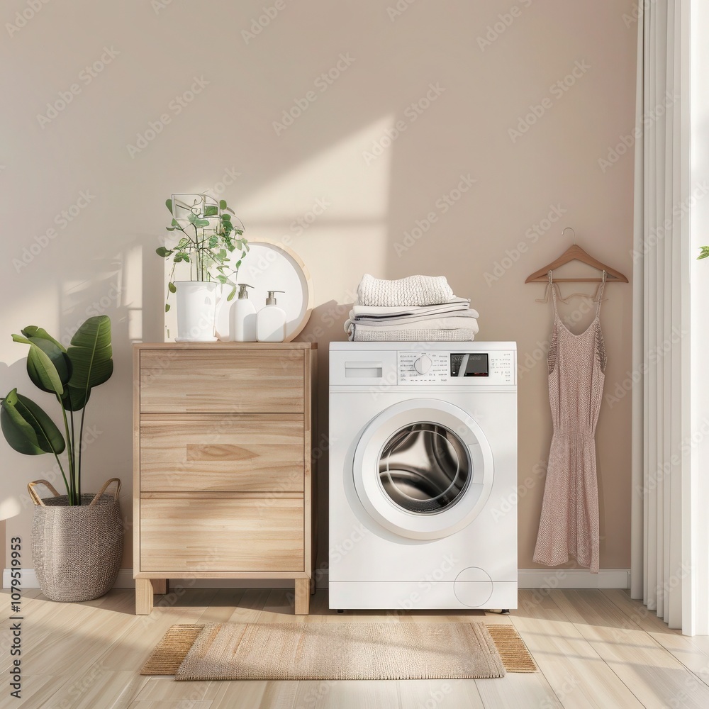 A modern laundry room with a white washing machine. wooden cabinet. and a plant in a white pot There is also a hanging rack with clothes and a wicker basket with flowers A modern laundry room with a white washing machine. wooden cabinet. and a plant in a white pot There is also a hanging rack with clothes and a wicker basket with flowers