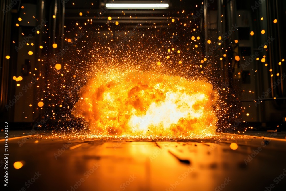 A fiery explosion sends sparks flying in a dimly lit environment, creating a dramatic visual effect. A fiery explosion sends sparks flying in a dimly lit environment, creating a dramatic visual effect.