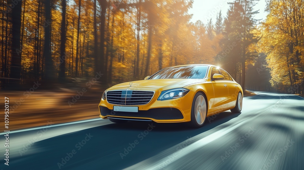 Fototapeta premium Sleek yellow car driving through a serene autumn forest, showcasing speed and elegance amidst vibrant fall colors.