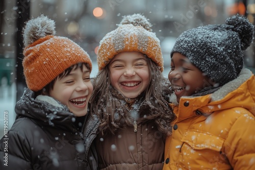 Three children of different races, dressed in winter , playing and laughing outdoors on a snowy day. 