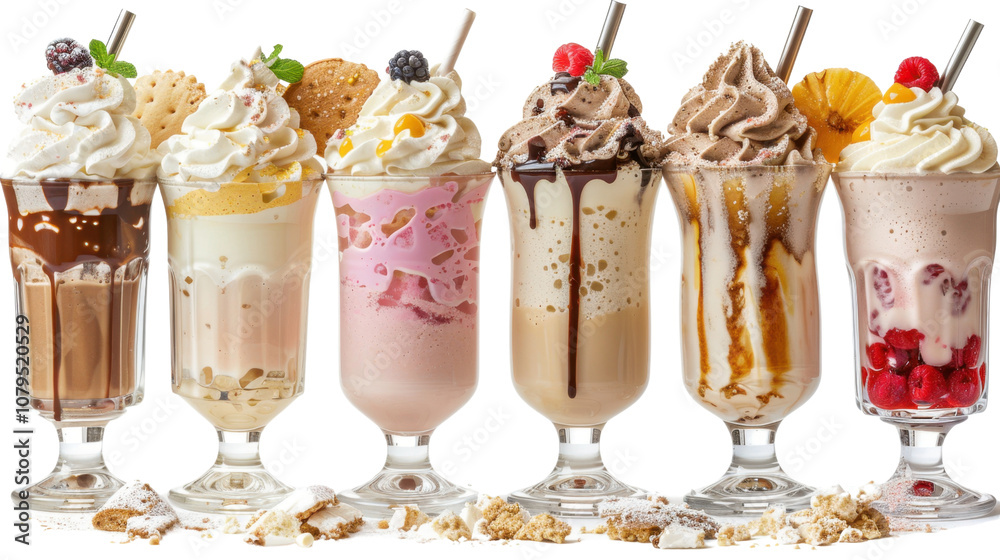 Assorted milkshakes with whipped cream on white transparent background
