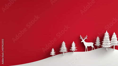 Winter landscape with white trees and deer on red background.