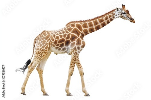 Elegant giraffe walking against a clean white background, showcasing its majestic stature and spotted coat. photo