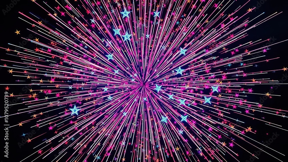 Obraz premium Radiant explosion of colorful stars in a spherical burst of firework sparks, fiery, energetic