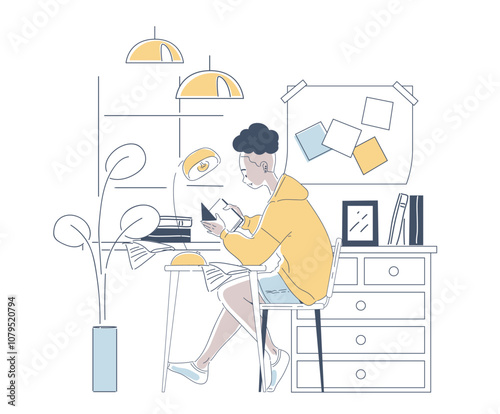 Woman with home office. Young girl in apartment sits with book at table. Remote employee and freelancer in comfortable workplace. Linear vector illustration isolated on white background
