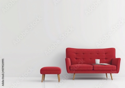 A bright red sofa with throw pillows sits in front of a blank white wall with a side table and stool