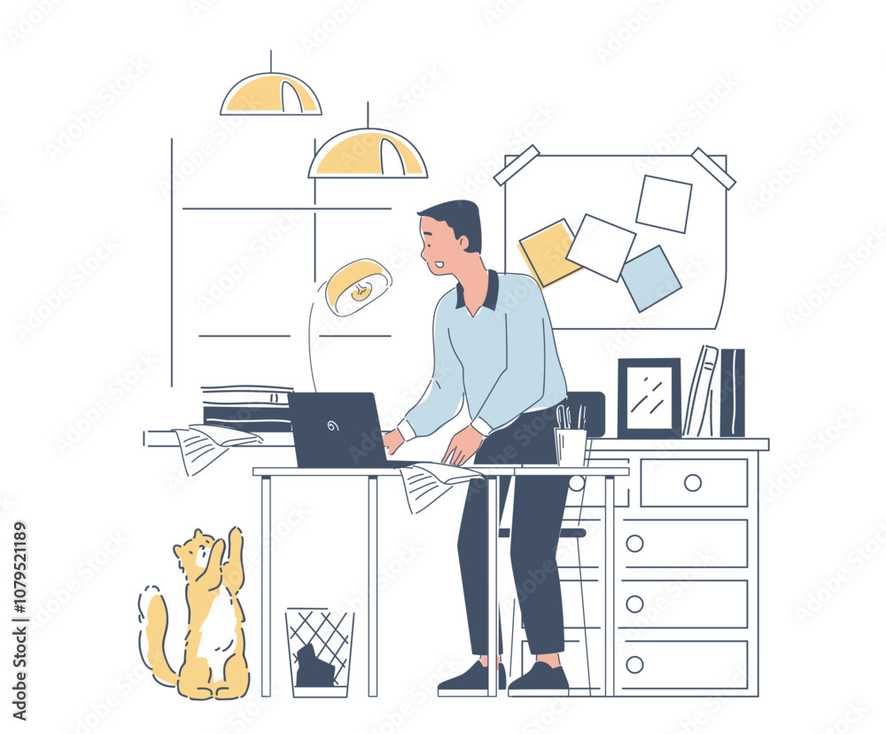 Man with home office. Businessman sits with laptop. Remote employee and freelancer in comfortable workplace. Guy with online earnings. Linear vector illustration isolated on white background Man with home office. Businessman sits with laptop. Remote employee and freelancer in comfortable workplace. Guy with online earnings. Linear vector illustration isolated on white background