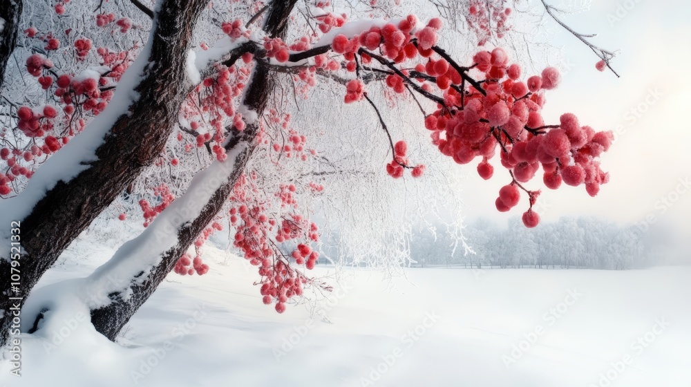 Snow-covered tree with vibrant red berries against a serene winter landscape. Snow-covered tree with vibrant red berries against a serene winter landscape.