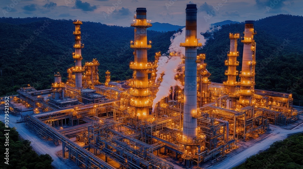 Obraz premium Industrial complex with illuminated towers and smoke stacks at dusk.