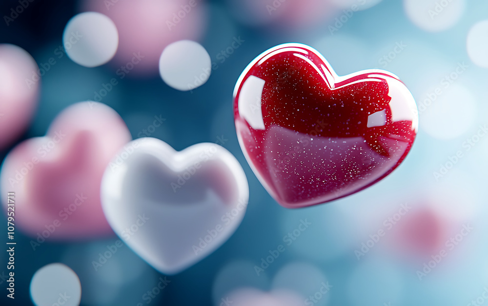 Fototapeta premium Floating hearts in pink, white, and red create whimsical and romantic atmosphere, perfect for expressing love and affection in various contexts