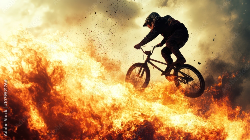 Fototapeta premium BMX Rider Leaping Through Flames