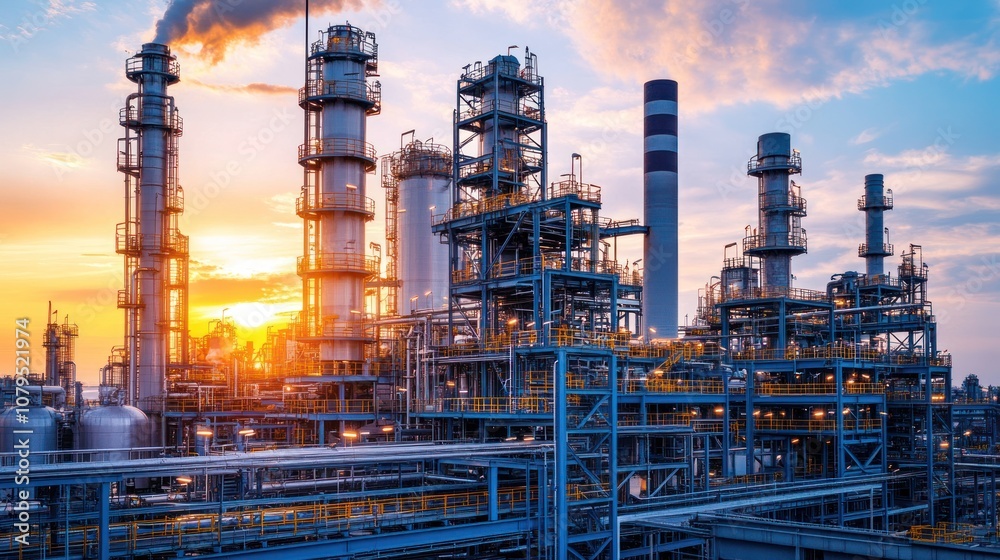 Industrial complex at sunset with smoke stacks and pipes.