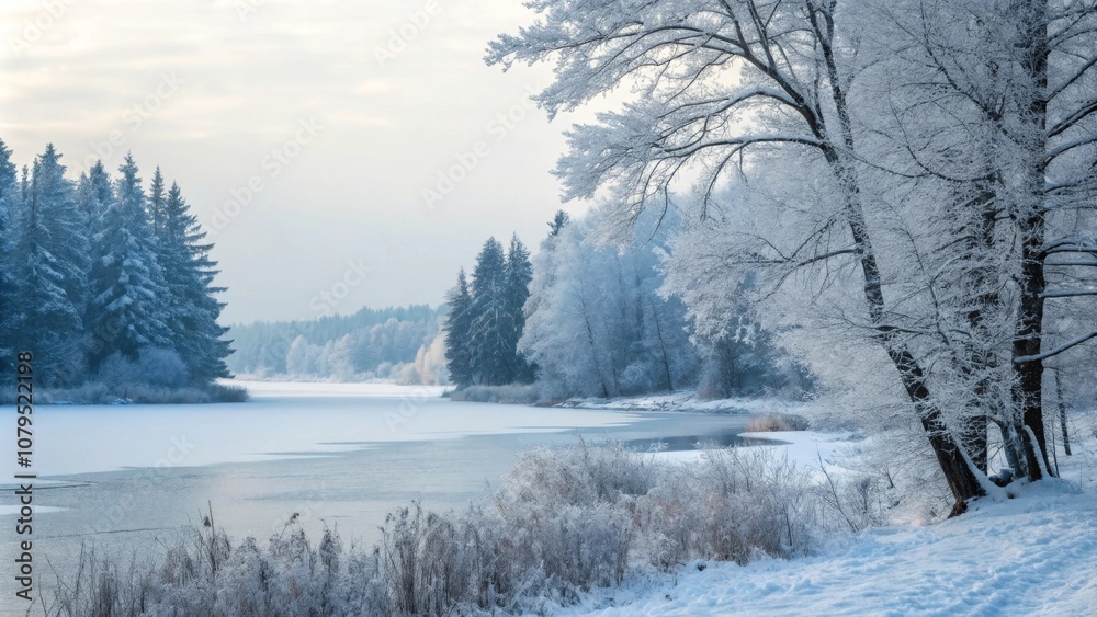 Winter wonderland scene with snow-covered trees and frozen lake, serene, frosty mornings, icy, winter magic Winter wonderland scene with snow-covered trees and frozen lake, serene, frosty mornings, icy, winter magic