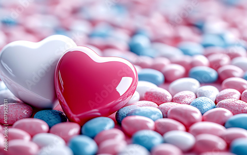 Valentine themed decoration with pink and white hearts on colorful candy. This romantic scene evokes feelings of love and joy, perfect for celebrations