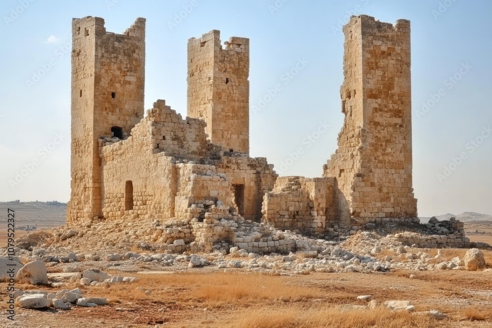 Ruins of a stone structure with four towers in a barren landscape. Ruins of a stone structure with four towers in a barren landscape.